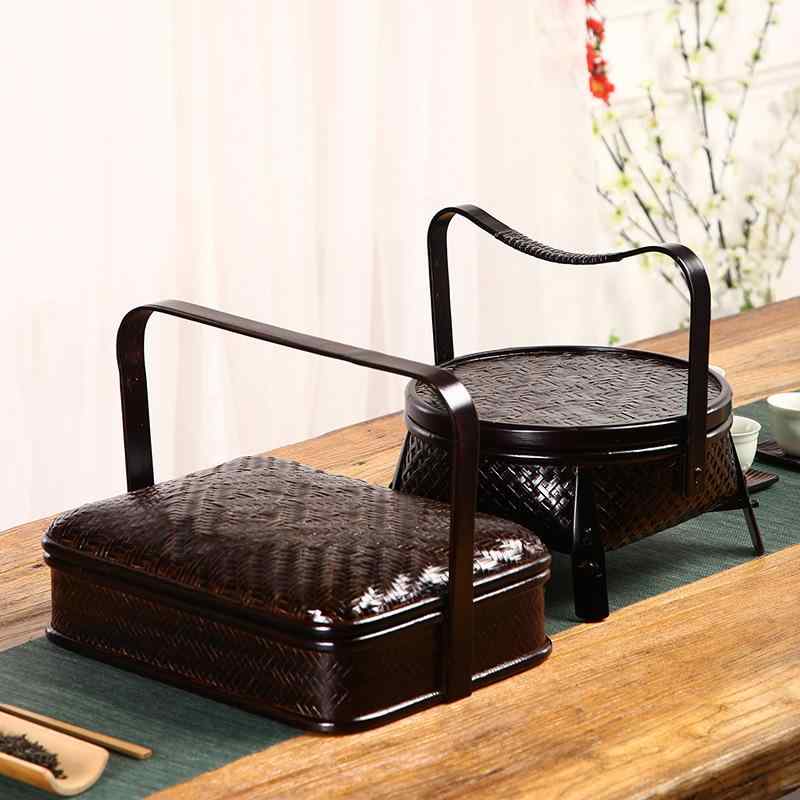 竹編み 茶具収納ボックス 手作り 蓋付き 茶葉ケース 家庭用 お茶会用 レトロ 点心籃 食器箱 日本式 自然素材 竹製品 伝統工芸 クラフト エコフレンドリー