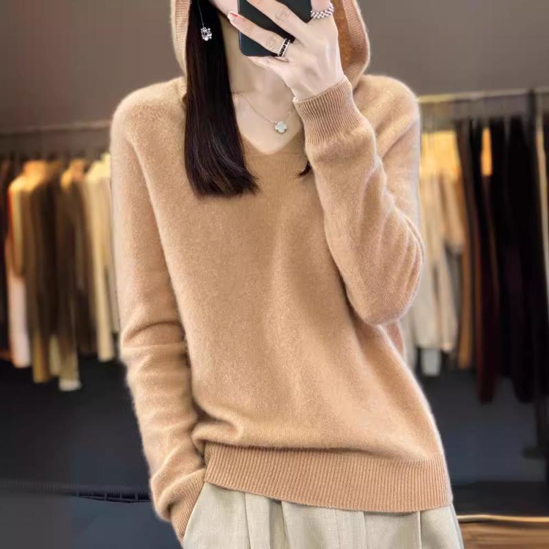 秋冬 レディース Vネック フード付き ニットセーター ゆったり 痩せ見え ウール混 フランネル インナー トップス