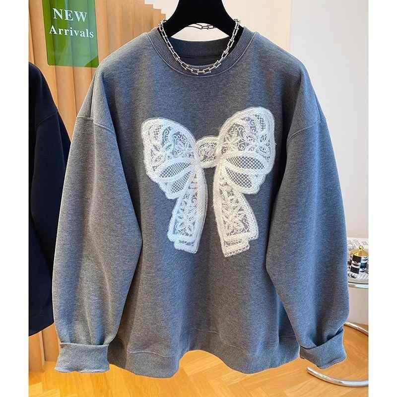 秋冬 レディース ゆったり レース 蝶結び 加厚 フリース スウェット 丸首 プルオーバー トップス 6,610円