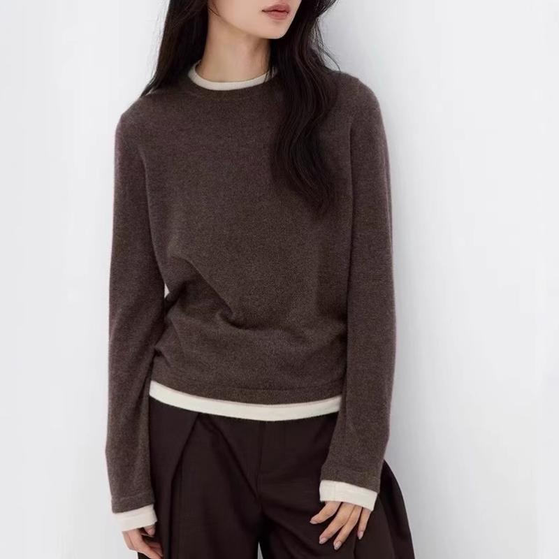 レディース 秋冬 ニットセーター コントラストカラー 偽ツーピース ラウンドネック 羊毛 ゆったり 高級感 グレー インナートップス ベースレイヤー トップス セーター 毛衣