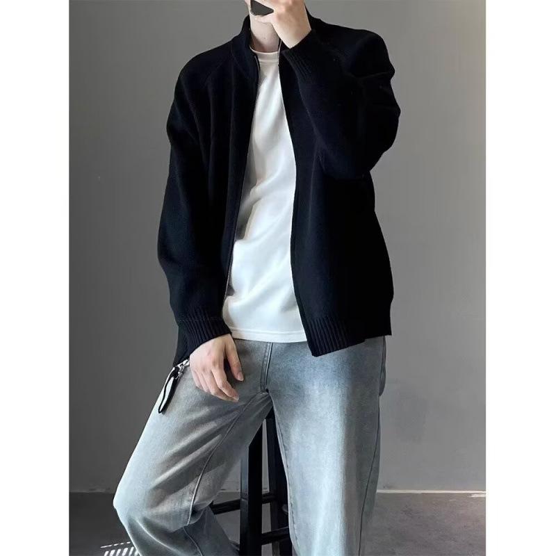 秋冬 レディース ニットカーディガン ゆったり シンプル 単色 厚手 ジッパー スタンドカラー ミラノリブ 編み カジュアル 日常使い 暖か リラックス
