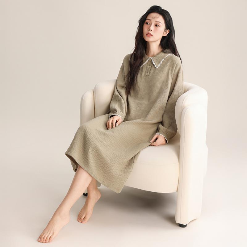 スリップパジャマ レディース 春夏 薄手 長袖 ロング丈 綿100% 二層ガーゼ スリム効果 かわいい 甘め ルームウェア 部屋着 通勤後 リラックス