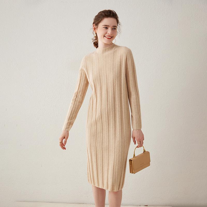 秋冬 レディース ワンピース カシミヤ ニット ストレート 膝下丈 ロング ハーフハイネック ワイドリブ ストライプ 切り替え｜くらしのセロネ