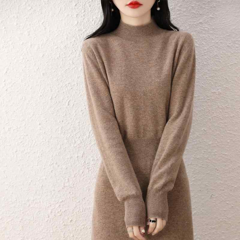 秋冬 ニットワンピース レディース 純羊毛 ゆったり スリム 膝下丈 ミドル丈 プルオーバー インナー 暖か ニットドレス 毛糸 ワンピーススカート ベースレイヤー