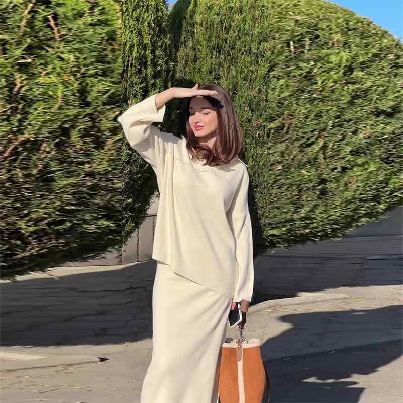 秋冬 レディース ゆったり ロングスカート セット シンプル 単色 ルーズ カジュアル リラックス ファッション ラウンドネック 海外風(x2)