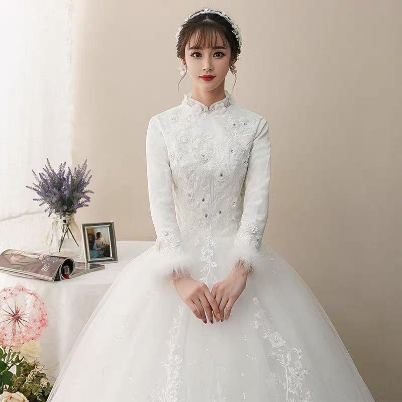 ウェディングドレス レディース 小柄 フレンチ シンプル 膝丈 長袖 暖か 厚手 結婚式 外出用 ブライダル ミディ丈 秋冬
