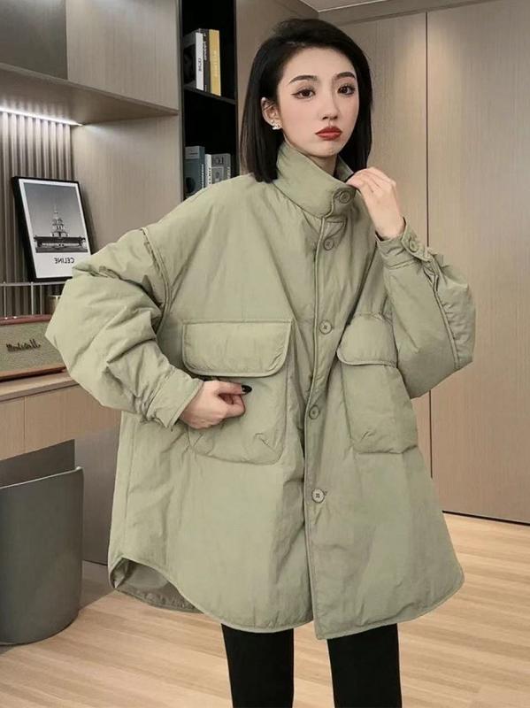 秋冬 コート レディース ゆったり 工装 綿 大ポケット シンプル スタンドカラー 中長丈 吸湿速乾 軽量