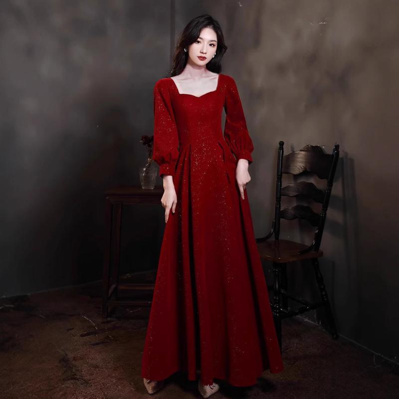 レディース 秋冬 長袖 パーティードレス 高級感 ロングワンピース 結婚式 敬酒用 シンプル エレガント イブニング フォーマル