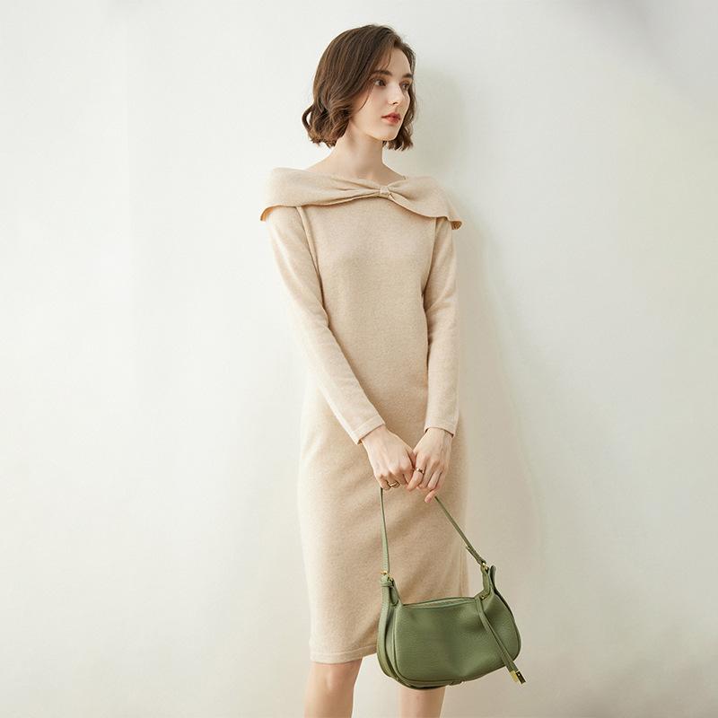 ワンピース レディース ニット プルオーバー カシミア ゆったり スリム 通勤 ミドル丈 シンプル 単色 蝶結び リボン デザイン(x2)