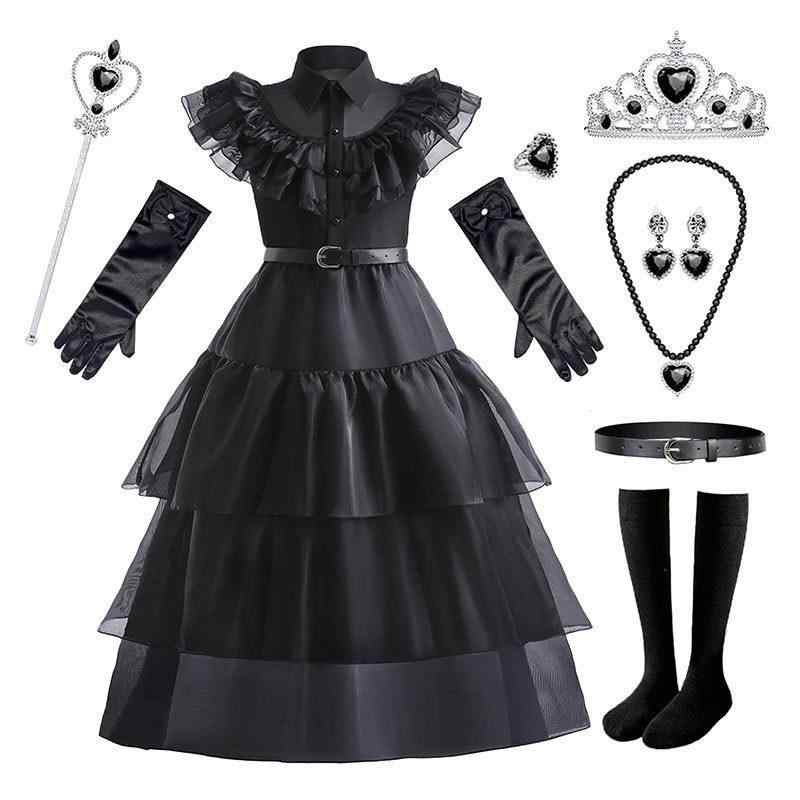 お嬢さん コスプレドレス 黒いこと チュールスカート アダムス身寄り ウェンズデー ハロウィン御召しもの 衣裳 化粧着 扮演服 連衣裙 どす黒い?裙 星期三 お嬢さん 万聖節(x2)
