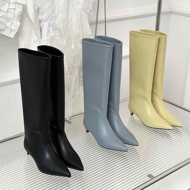 秋冬 レディース ロングブーツ 馬乗り 革 御膳上等感 分かりやすい ハイヒール 猫踵 尖頭 細押し出し 膝下(x2)