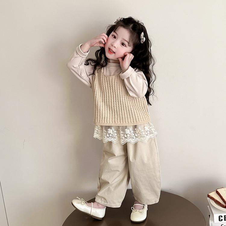女児 春秋 ニット ベスト レース インナー カジュアルパンツ 3点セット キッズ シンプル 子供服 日式 トップス ボトムス セットアップ 軽やか 日常使い 学校 遊び着