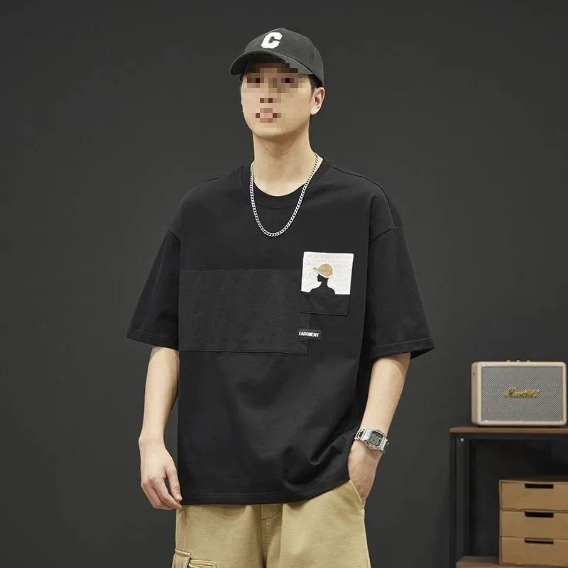 Ｔシャツ メンズ 春夏 カジュアル ルーズ 切り替え コントラストカラー プリント シンプル トップス ストリート アメリカンスタイル