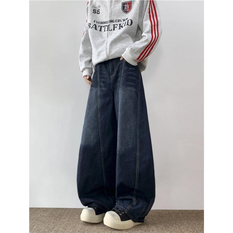 デニムパンツ メンズ ワイドレッグ バギー ルーズ カジュアル ビンテージ ウォッシュ加工 ストレート ダークブルー 春秋 ジーンズ ゆったり 日常使い リラックス