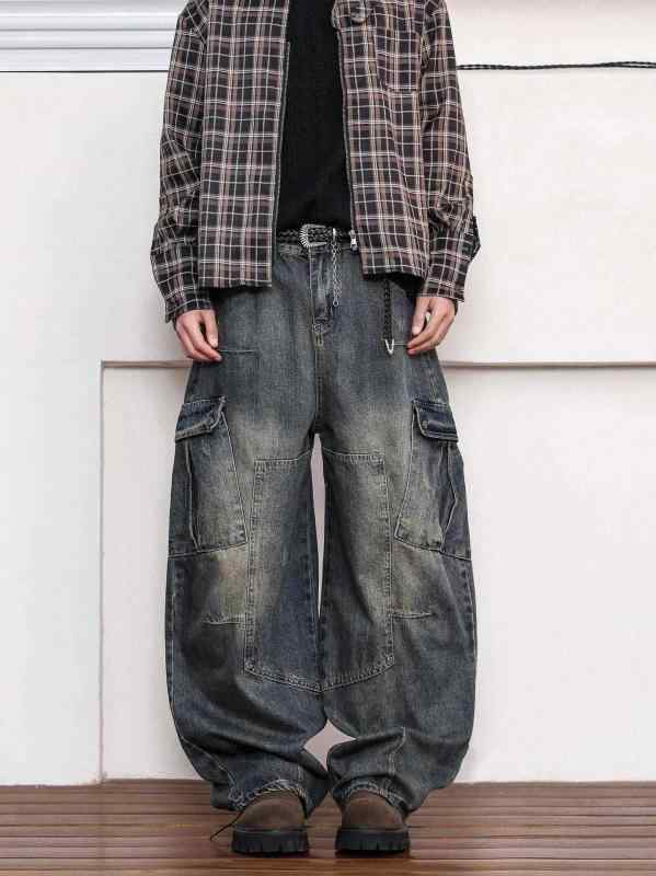 デニムパンツ メンズ 切り替え デコンストラクション ワイドレッグ 多ポケット カーゴ ストリート ワイルド ヘビーウェイト アメリカンスタイル 通勤 通学 アウトドア 軽量 デニム 再生繊維 ブラック ピンク系