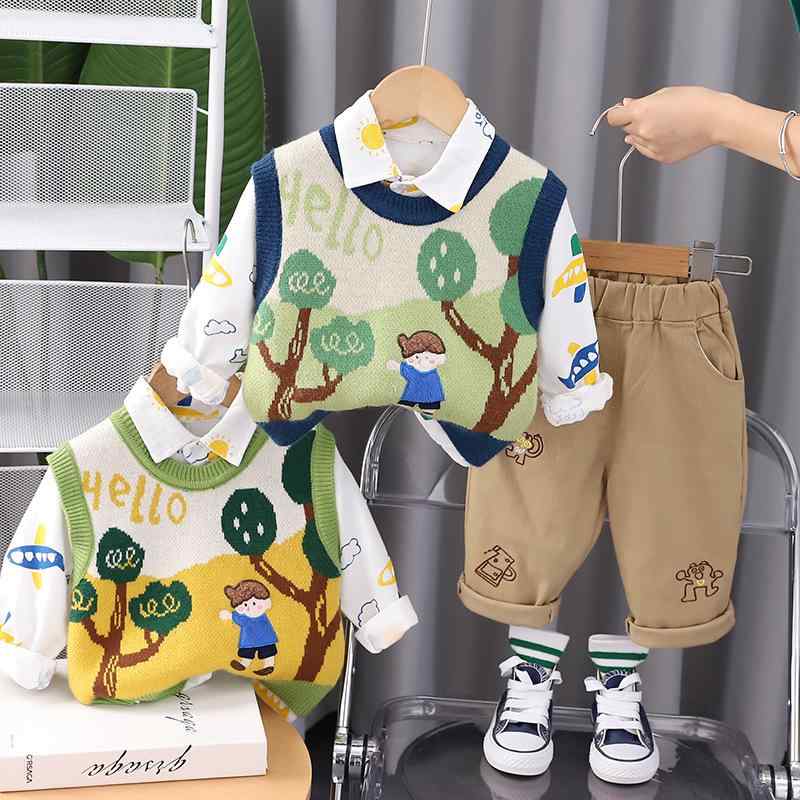 キッズ服 男の子 秋冬 長袖シャツ ニットベスト セーター 3点セット カートゥン柄 子供服 童装 ベビー 赤ちゃん 秋服 長袖トップス ニットトップ 暖か 綿素材 かわいい 柄物 男児 幼児 成長 日常着 通学 遊び着