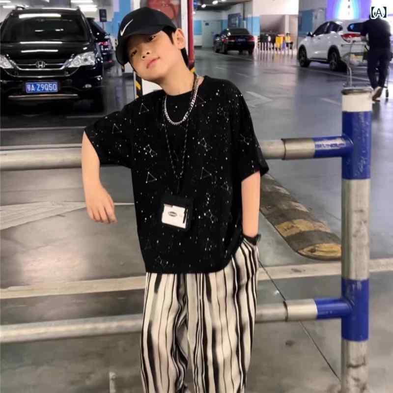 キッズ 男児 春夏 短袖 Tシャツ セット ピンク系 ラウンドネック シンプル 個性派 子供服 トップス ボトムス 2点組