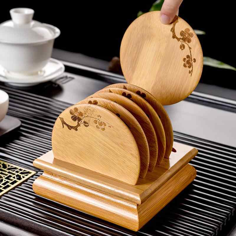 木製 コースター 家用 茶杯用 コップマット グラス置き 梅花柄 花柄 デザイン 日式 和風 功夫茶 茶具 断熱 熱保護 隔熱 天然木 実木 素材 セット 木碗用 ボウルマット