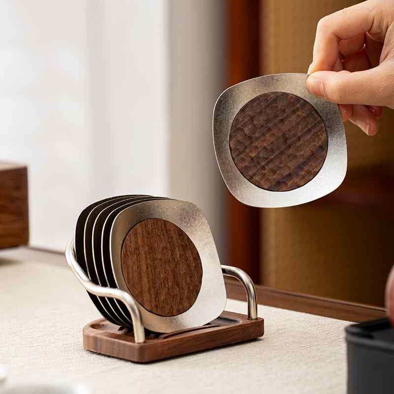 ティーカップマット 純チタン ウォールナット 茶杯托 断熱パッド 茶道用 功夫茶器具 セット 高級感 クリエイティブ