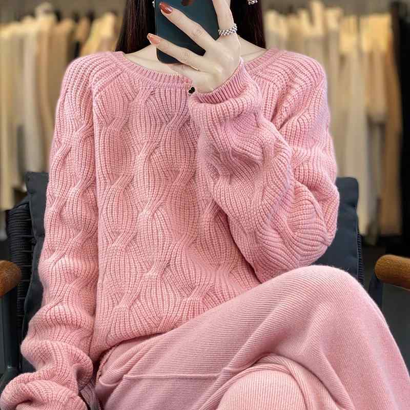 レディース 絨毛 編み物 セットアップ ゆったり 捻じれ編み サクラ色 トップス ズボン下 秋冬 伸び伸びする 着こなし 生あたたかい コーデ