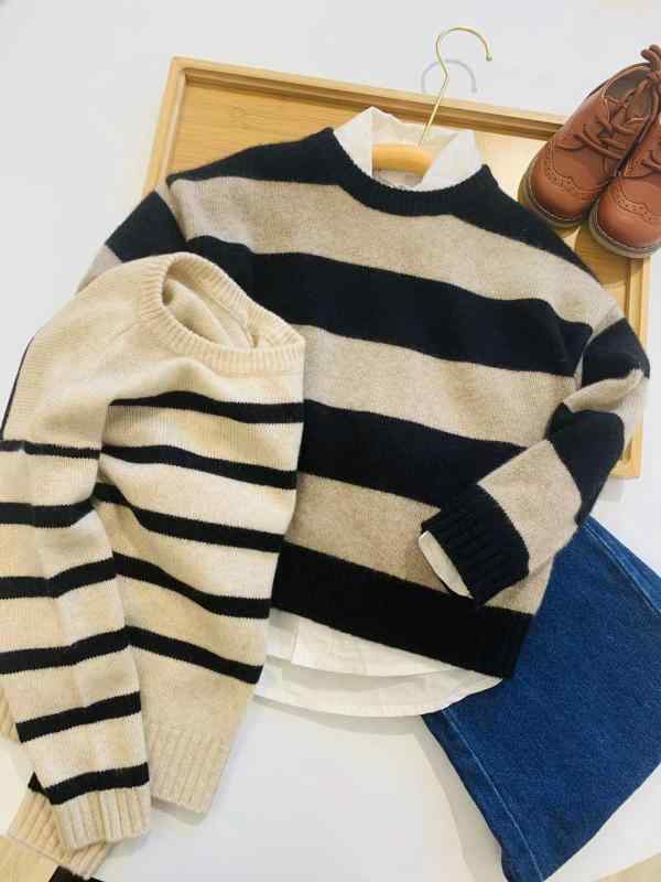 プルオーバー キッズ 秋冬 カシミヤ 丸首 長袖 ティーシャツ レトロ ビンテージ 縞模様 編み物 トップス 情の籠もった 軽さ 御前上等感 ホンブルグ帽 原料品 ちびっ子服 日常用 通学用 授業時間着