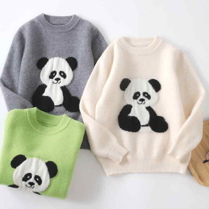 秋冬 キッズ 編み物スウェーター 男女兼用 朦々たる 半高領 ジャイアントパンダ柄 絨毛 カシミール 生あたたかい ティーシャツ 赤ちゃん服 トップス ニットトップス 可愛らしい 柄物 冬物