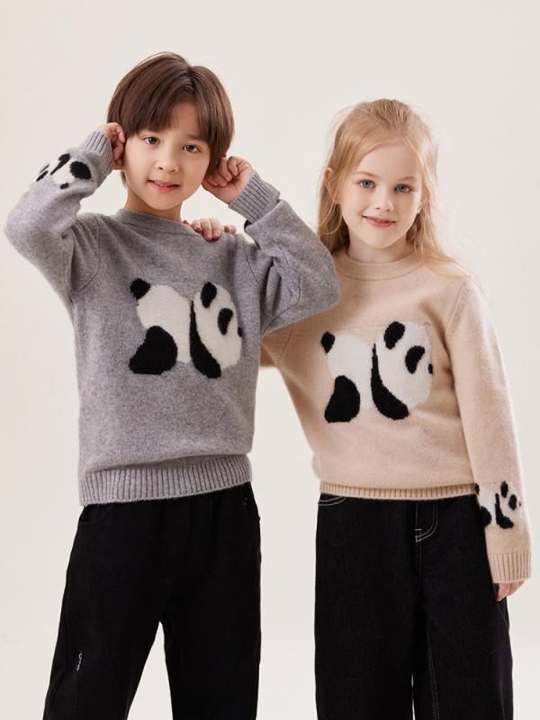 秋冬 キッズ カシミールスウェーター ジャイアントパンダ刺しゅう 丸首 もの言う花 中大童 ポンチ絵 絨毛編み物 軽さ 生あたたかい 当たること冷感 吸湿速乾 綿混 生まれ変わり衣料繊維 可愛らしい ひな型