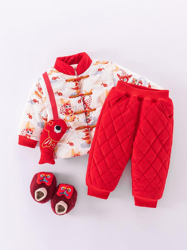 秋冬 ベビー服 2ピースセット 中国風 綿素材 厚手 保温 お正月 祝い服 赤ちゃん 冬用 家族団欒 国風デザイン 暖か コットン ベビーセット