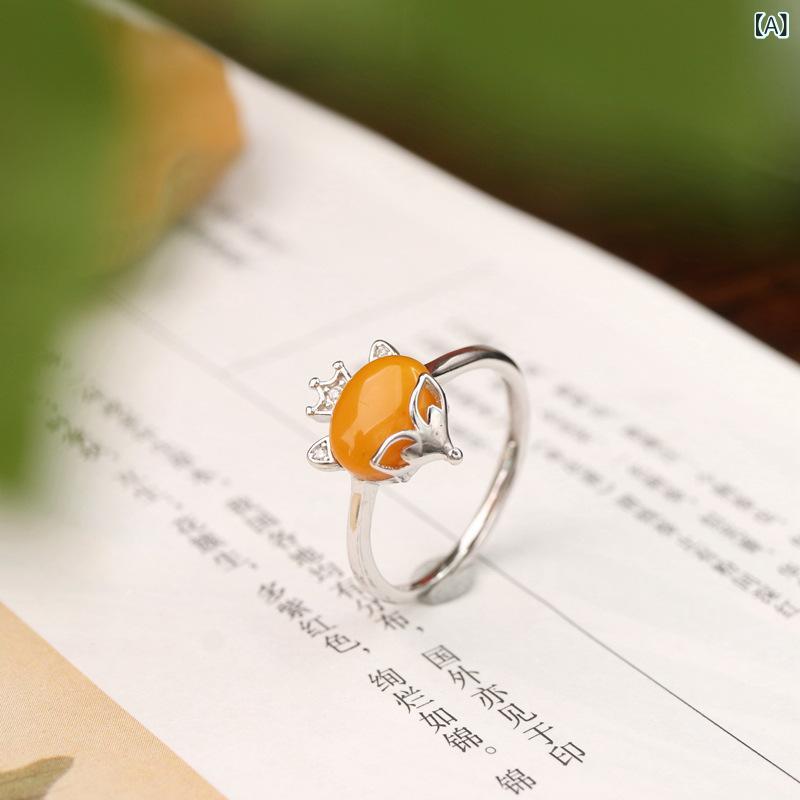 指輪 レディース 925スターリングシルバー 天然琥珀 狐モチーフ かわいい動物デザイン オーバルカット 調整可能 ファッション 気質 高級感 日常使い デート 通勤 ユニーク 個性的