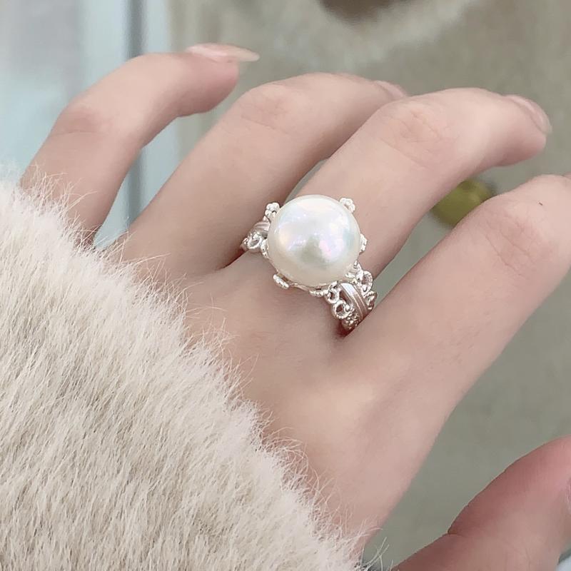 指輪 レディース 天然パール 925シルバー 開口 高級感 フレンチ 春夏 ファッション アクセサリー 気質 デザイン