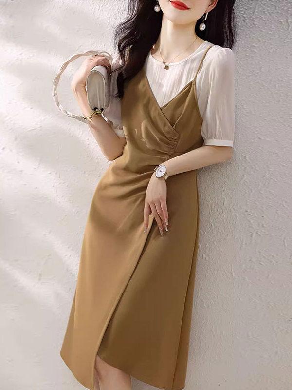 レディース ワンピース 半袖 クルーネック フェイクレイヤード ミモレ丈 ひざ下 きれいめ 上品 大人可愛い 体型カバー 通勤 普段使い カジュアル 夏 7,022円