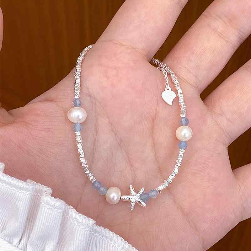 ブレスレット レディース 925シルバー 天然淡水パール アクアマリン スターフィッシュシェル ペンダント シンプル レイヤード 女性用 アクセサリー ジュエリー ハンドメイド 繊細 デザイン 日常使い ギフト プレゼント スタイリッシュ モダン ナチュ