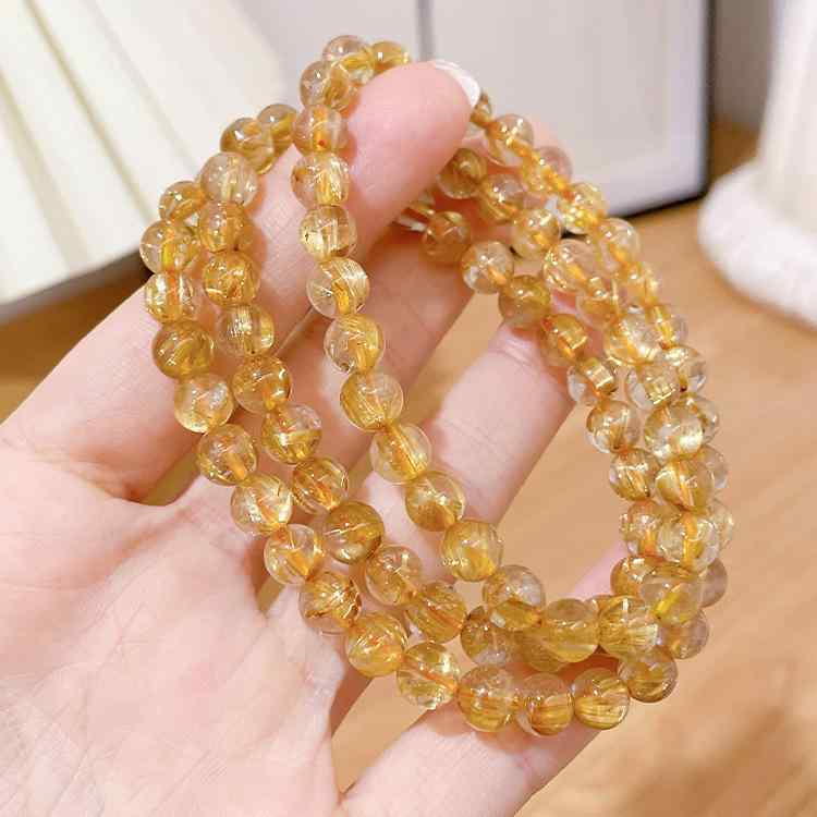 レディース ブレスレット ゴールデンヘアクリスタル サンストーン 藍晶石 8mmビーズ 3連 14Kゴールドメッキ スタイリッシュ 繊細 洗練 コーデ万能 天然石 アクセサリー ファッション ジュエリー 手首飾り 多用途 日常使い ギフト向き|くらしのセロネ