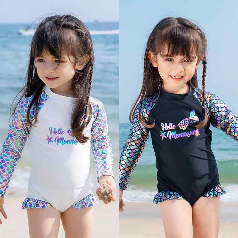 春夏 女児水着 魚鱗柄 長袖 UVカット ワンピース 子供 ベビー 中小サイズ 美人魚 海辺用 吸湿速乾 軽量 接触冷感