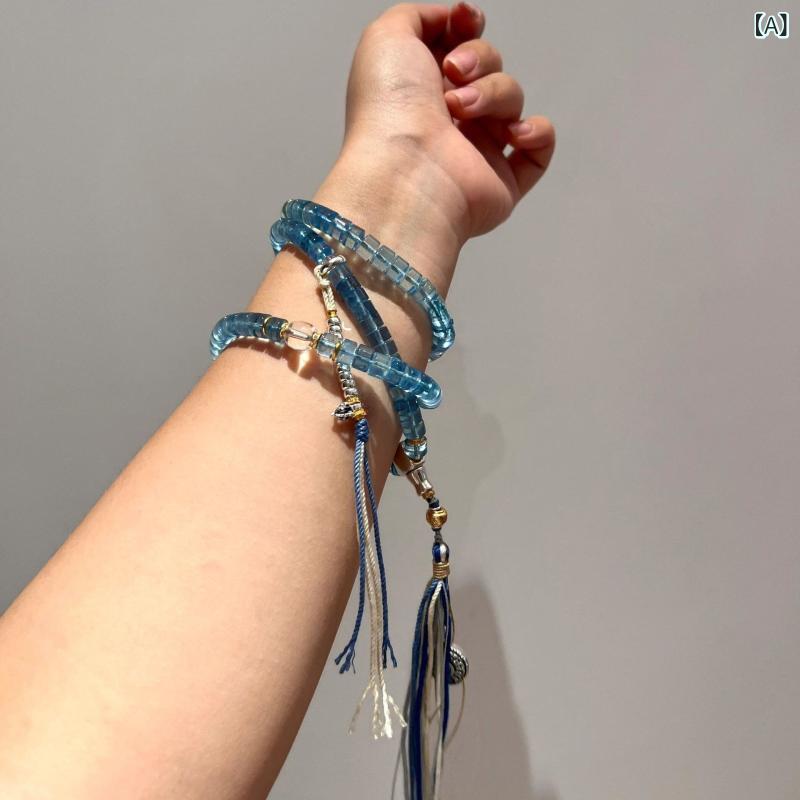 ブレスレット レディース アクアマリン ビーズ 水晶 串珠 マルチレイヤー 巻き 手串 ファッション アクセサリー 日常使い 軽量 デザイン 海モチーフ ジュエリー ギフト アイテム 女性 手首 装飾 天然石 風
