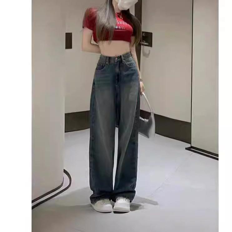 デニムパンツ レディース 秋冬 ワイドレッグ ハイウエスト ゆったり ストレート ロング丈 ヴィンテージ ウォッシュド スリム デニム 再生繊維 軽量 通勤 カジュアル
