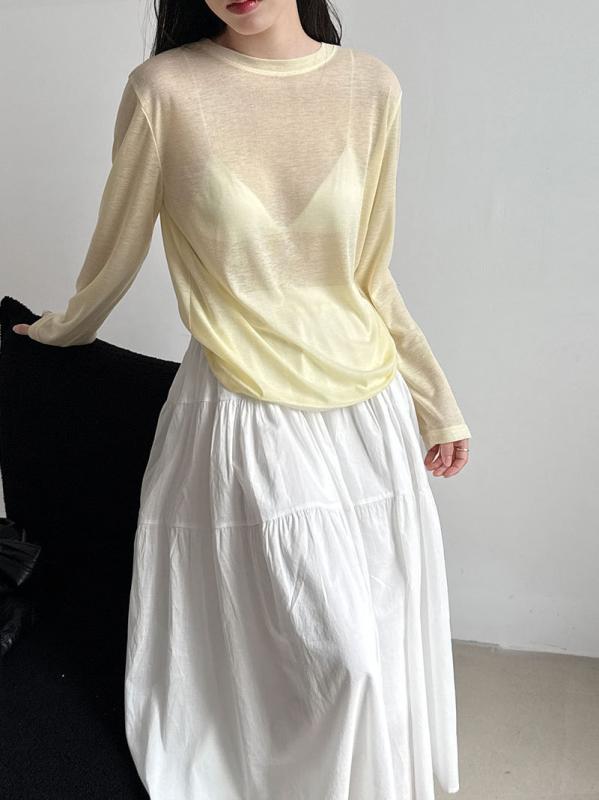 レディース Tシャツ サマーニット 長袖 UVカット テンセル 薄手 ゆったり 体型カバー 日焼け防止 接触冷感 トップス 透け感 シアー ブラウス きれいめ 上品 夏 秋