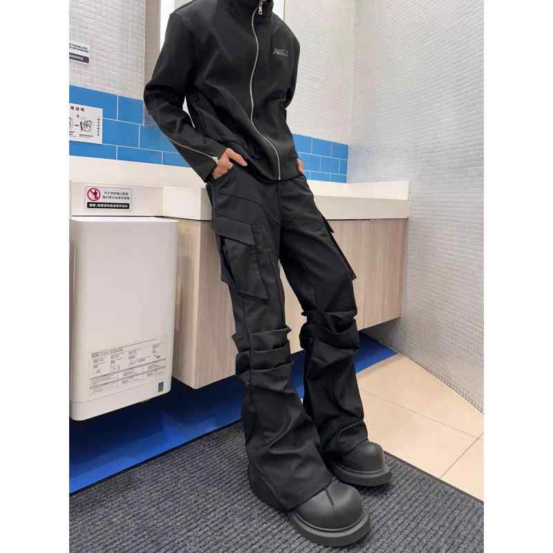 メンズ パンツ アメリカンスタイル プリーツ 微フレア カジュアル スリム ワークパンツ 小・異スラックス 高級感 フレアロングパンツ 軽量 吸湿速乾 通勤 通学 アウトドア デニム 再生繊維 ブラック グレー