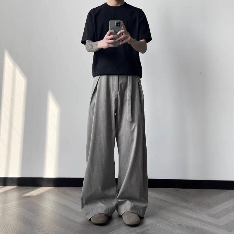 メンズ 春夏 ハイウエスト プリーツ ワイドレッグ パンツ Aライン 軽量 薄手 通気性 ゆったり カジュアル リラックス ロングパンツ 羊毛混紡 アセテート繊維|くらしのセロネ