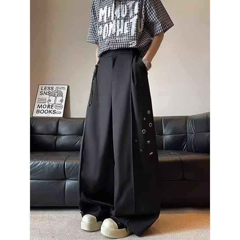 メンズ パンツ ブラック ワイドレッグ ストレート 微フレア 落ち感 ゆったりシルエット クール スタイリッシュ 痩せ型 ハンサム 廓形 垂? 直筒 ?腿 西? 痞? 弯刀
