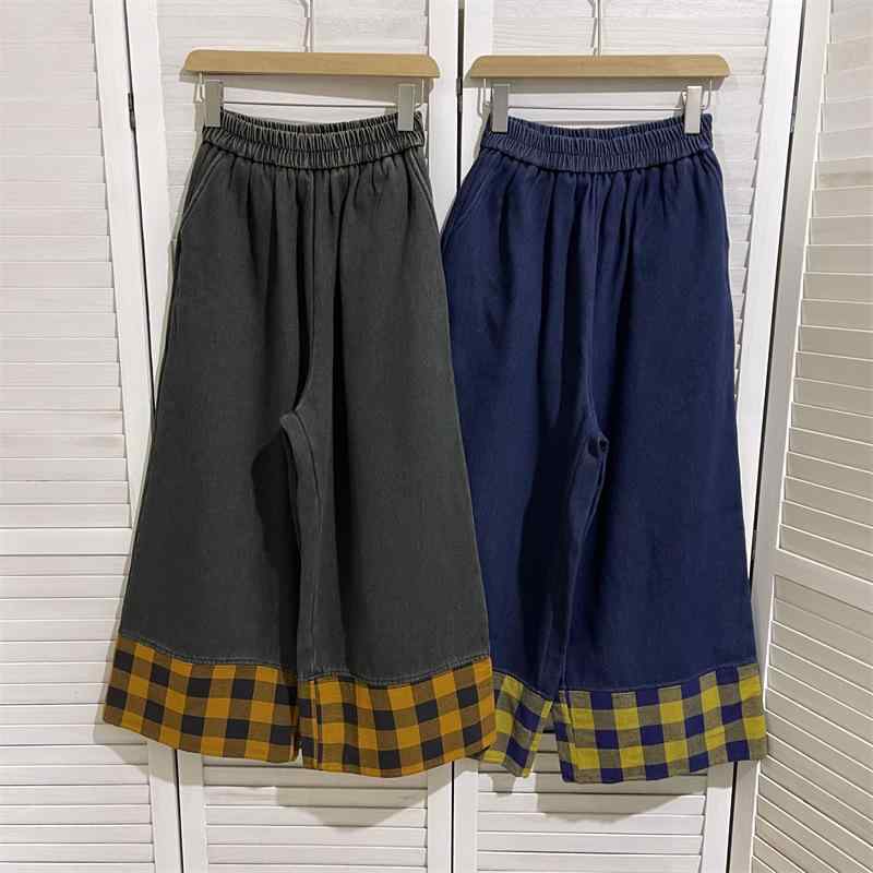 秋冬 レディース デニムパンツ レトロ ビッグサイズ ぽっちゃり向け ワイドレッグ チェック柄 切り替え コントラストカラー 裏地フリース 厚手 おしゃれデザイン