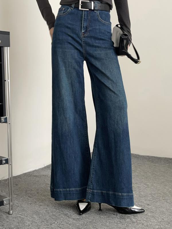 ワイドレッグデニムパンツ レディース 秋冬 ハイウエストデザイン 細見え効果 ゆったりシルエット 小柄対応 フレアデザイン ロング丈 ヴィンテージ風 ルーズフィット 綿素材