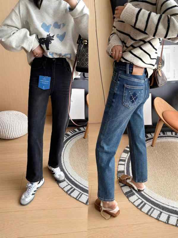 デニムパンツ レディース 秋冬 保温 薄手フリース ハイウエスト スリム 直筒 ストレッチ 万能弾性 不かさばる ?・覧効果 ボトムス ジーンズ トップス コーデ