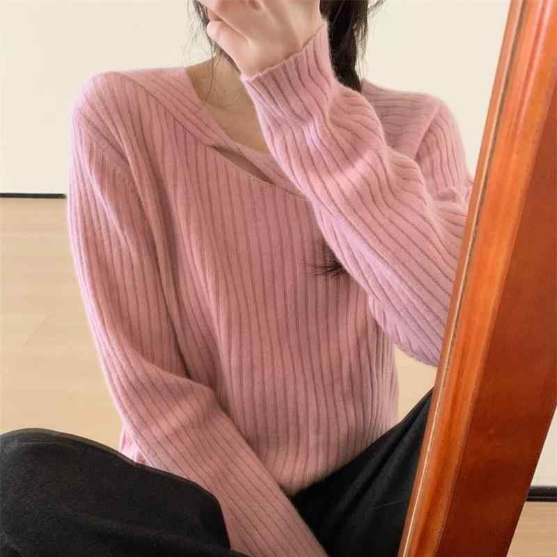 秋冬 レディース 純絨毛 編み物スウェーター ゆったり か細い 痩せ見せ 上半身覆いかぶせる ベースレイヤー 単色 縞模様 捻じれひな型 ウールトップス 肌付き 無地