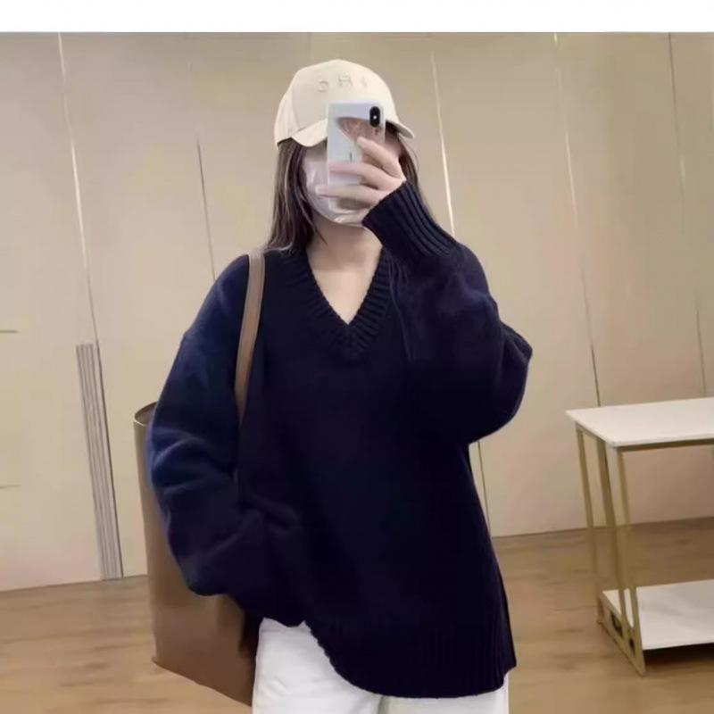 秋冬 レディース 純絨毛 編み物スウェーター 朦々たる V素っ首 ゆったり ルーズフィット ティーシャツ 馬鹿でかい大きさ 古典派音楽 窈窕たる風 窈窕たる表現スタイル