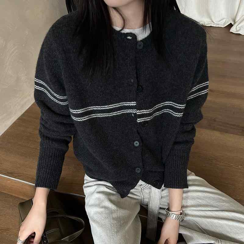 編み物ジレー レディース 時間 レトロ 絨毛 丸首 対比縞模様 ゆったり か細い パステル色の ニットアウター トップス ゴルフ-レディースウェア-スポーツ・アウトドア