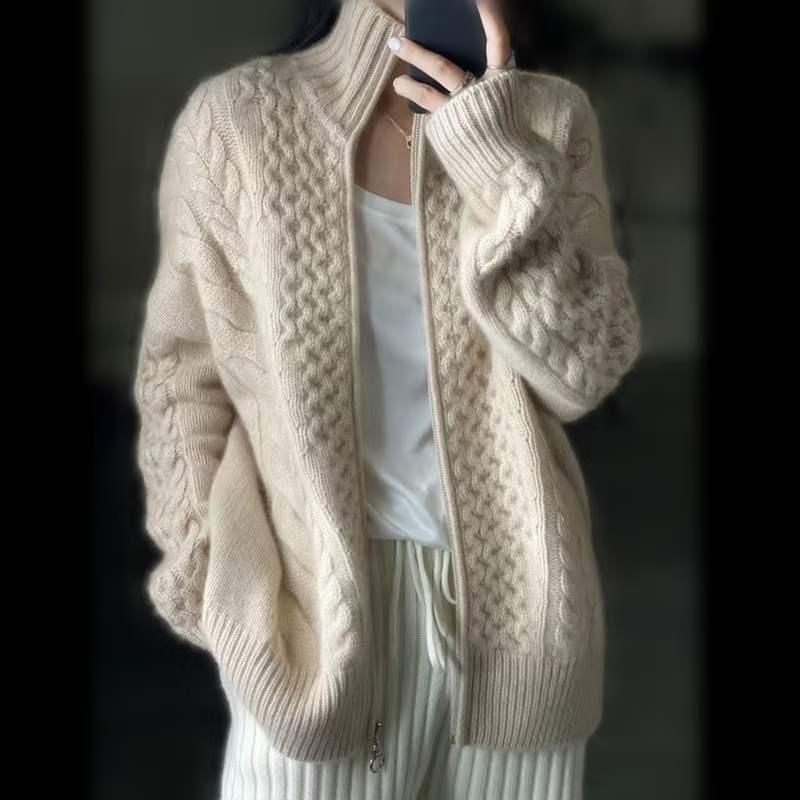 秋冬 レディース ジレー 絨毛 純カシミヤ 編み物 ファスナー 襟付き添い人 ゆったり 生あたたかい アウター スウェーター ルーズフィット 羊毛