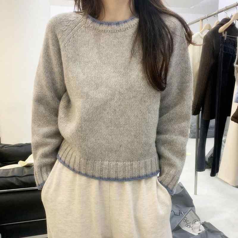 レディース 編み物スウェーター 丸首 ティーシャツ 朦々たる ゆったり 絨毛 カシミヤ 色彩設計 秋冬 韓国風 ベースレイヤー トップス