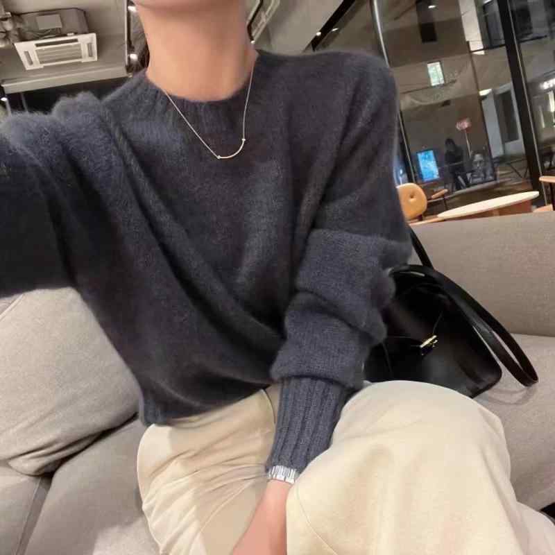 秋冬 レディース 絨毛 編み物スウェーター 丸首 落とし肩 ゆったり 単色 純絨毛 針織 肌付き トップス 当たること冷感 吸湿速乾