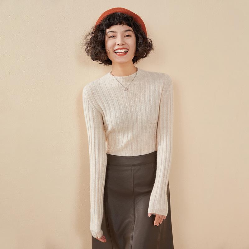 レディース カシミール 編み物スウェーター 二分の一ハイネック ティーシャツ か細い相応う 広々とした縞模様 ベースレイヤー 軽さ 吸湿速乾 当たること冷感 生まれ変わり衣料繊維